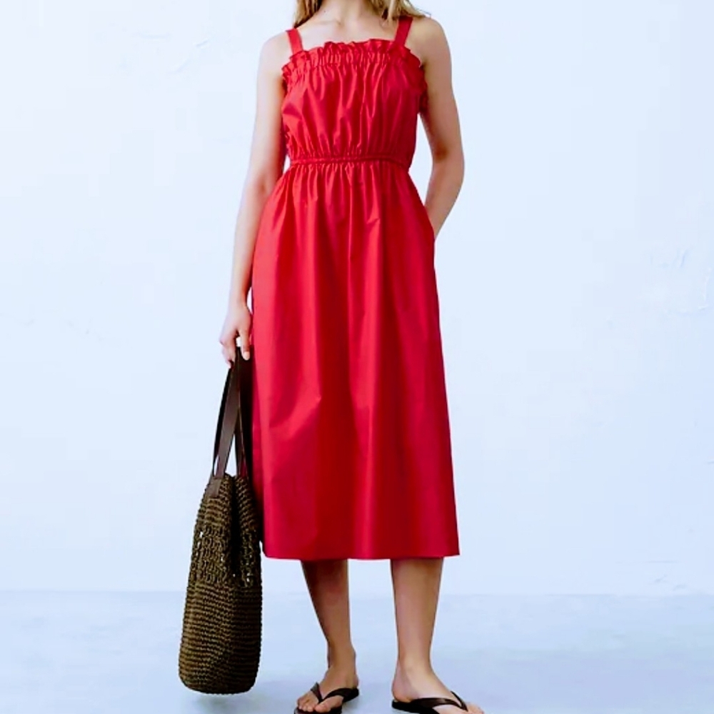 Poplin Elastic-Gather Midi Dress Large - Paradise Pink